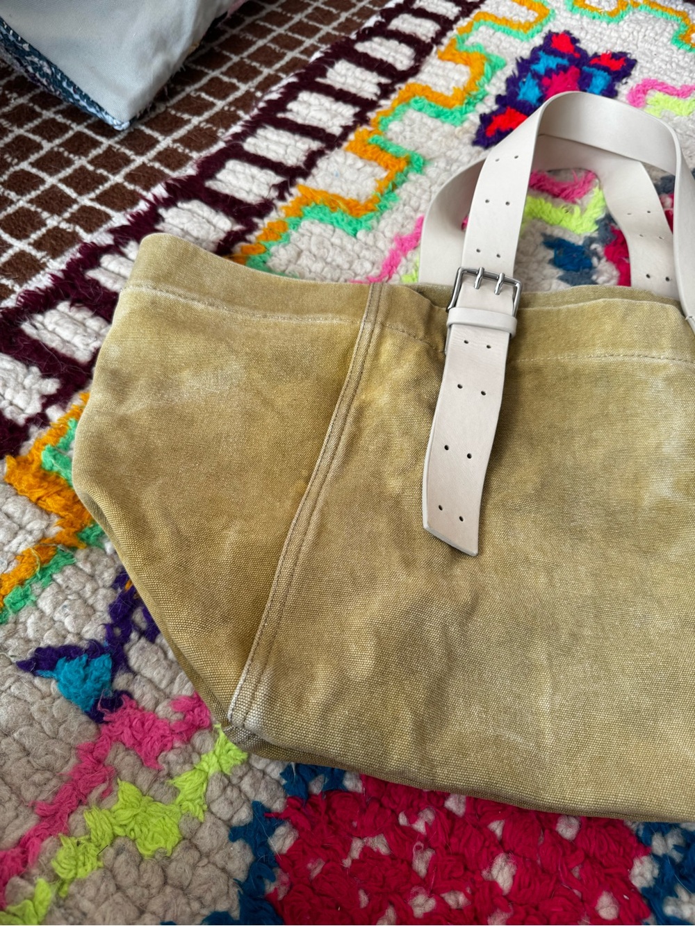 Zara Olive Canvas Tote Bag‎ Cream Buckle Strap - Picture 8 of 9